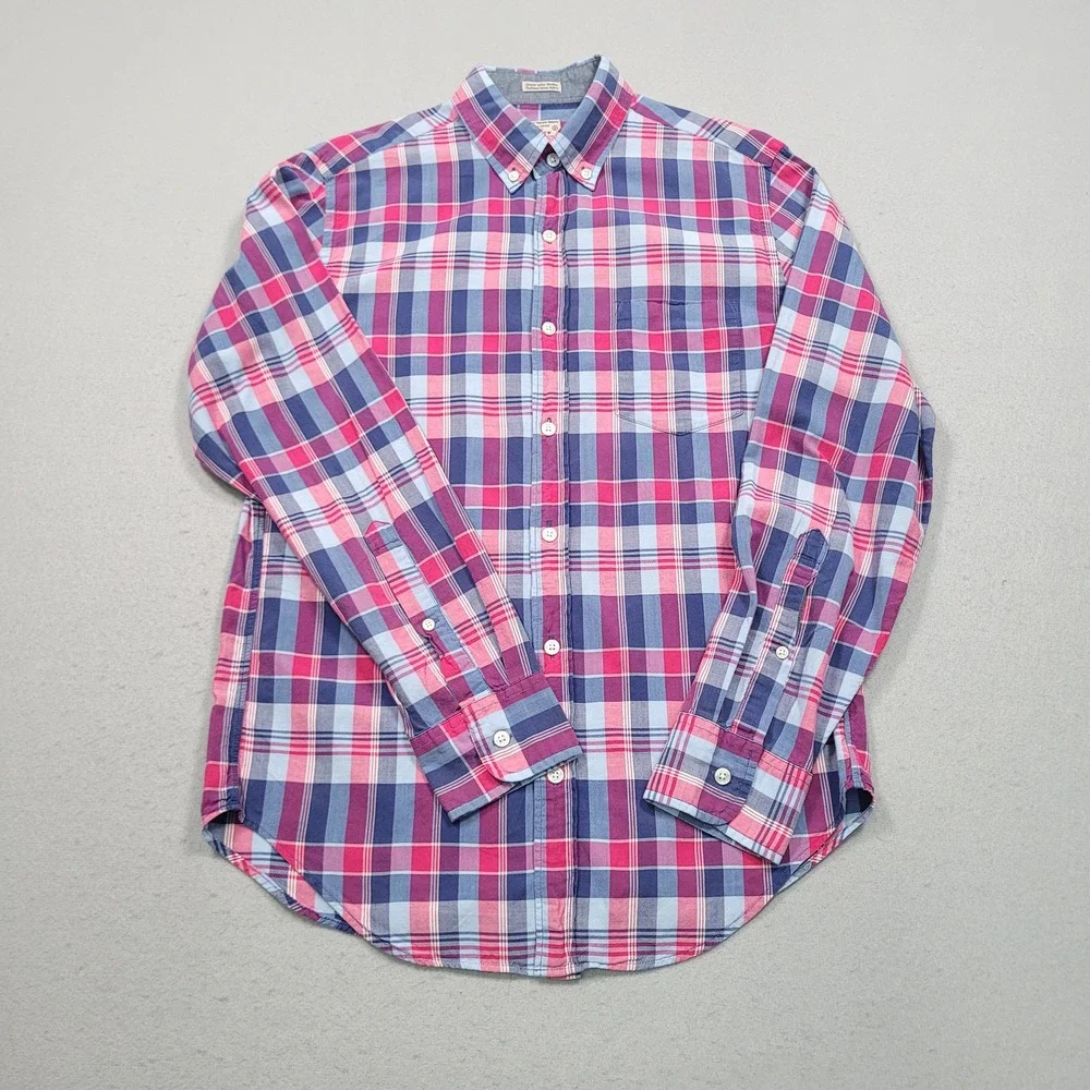 J Crew Mens Tailored Indian Madras Plaid Button Down Shirt Small Pink Blue